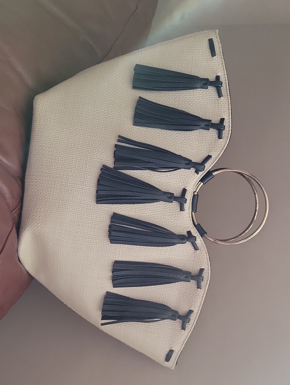 Women's Cream Tassel Wristlet with Gold Ring Handle
